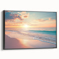Framed canvas artwork depicting a serene beach landscape with vibrant blue skies and gentle waves, featuring a sleek black frame that enhances its aesthetic appeal. Ideal for coastal-themed decor, this piece adds a touch of tranquility and sophistication to any living space.