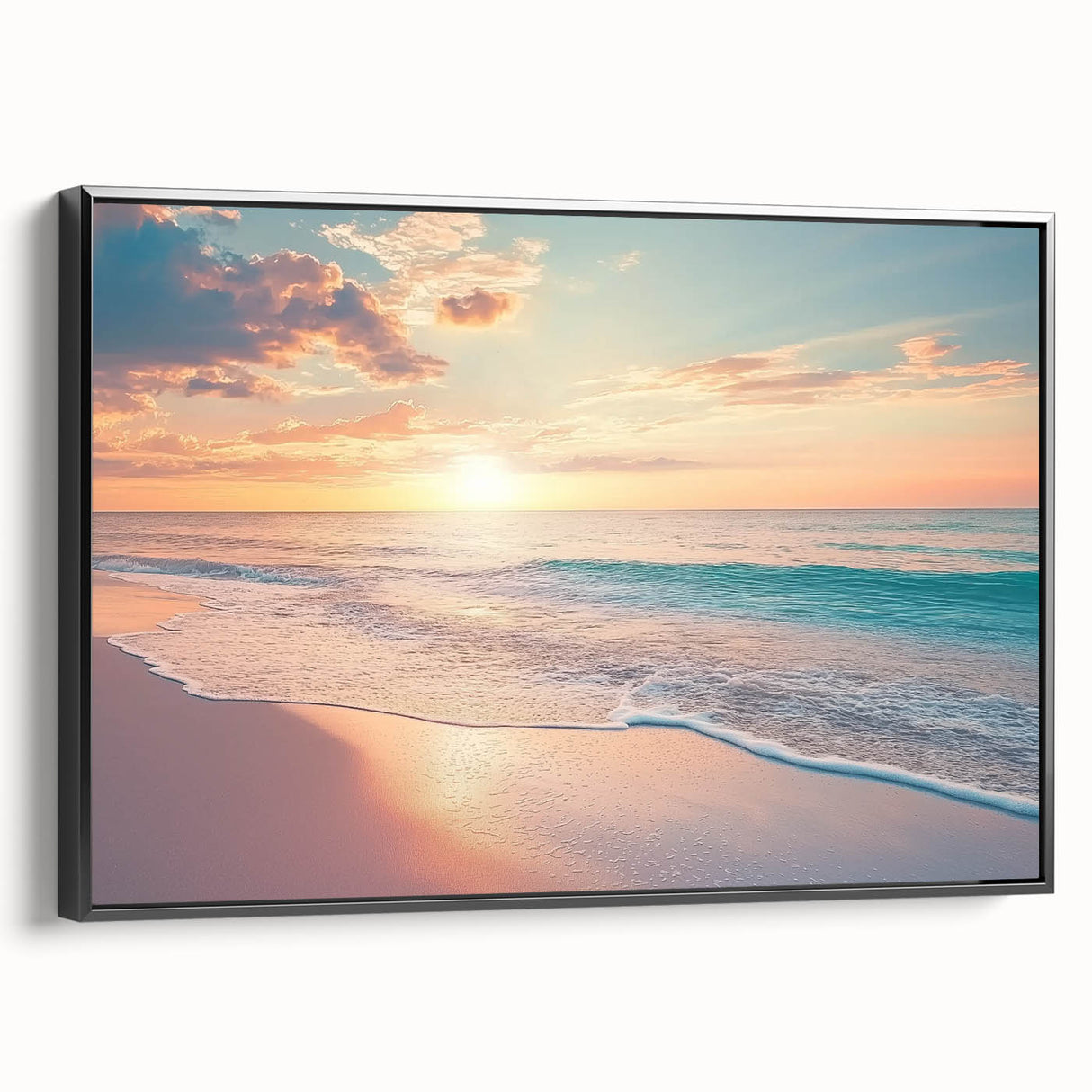 Framed canvas artwork depicting a serene beach landscape with vibrant blue skies and gentle waves, featuring a sleek black frame that enhances its aesthetic appeal. Ideal for coastal-themed decor, this piece adds a touch of tranquility and sophistication to any living space.