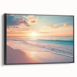 Framed canvas artwork depicting a serene beach landscape with vibrant blue skies and gentle waves, featuring a sleek black frame that enhances its aesthetic appeal. Ideal for coastal-themed decor, this piece adds a touch of tranquility and sophistication to any living space.