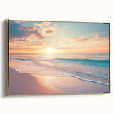 Framed canvas art depicting a serene beach landscape with golden accents, showcasing vibrant colors and intricate details, ideal for coastal home decor.