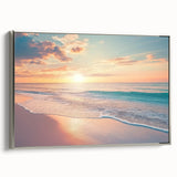Framed canvas art showcasing a serene beach landscape with vibrant colors and silver accents, perfect for enhancing home decor. Available in a stylish side view.