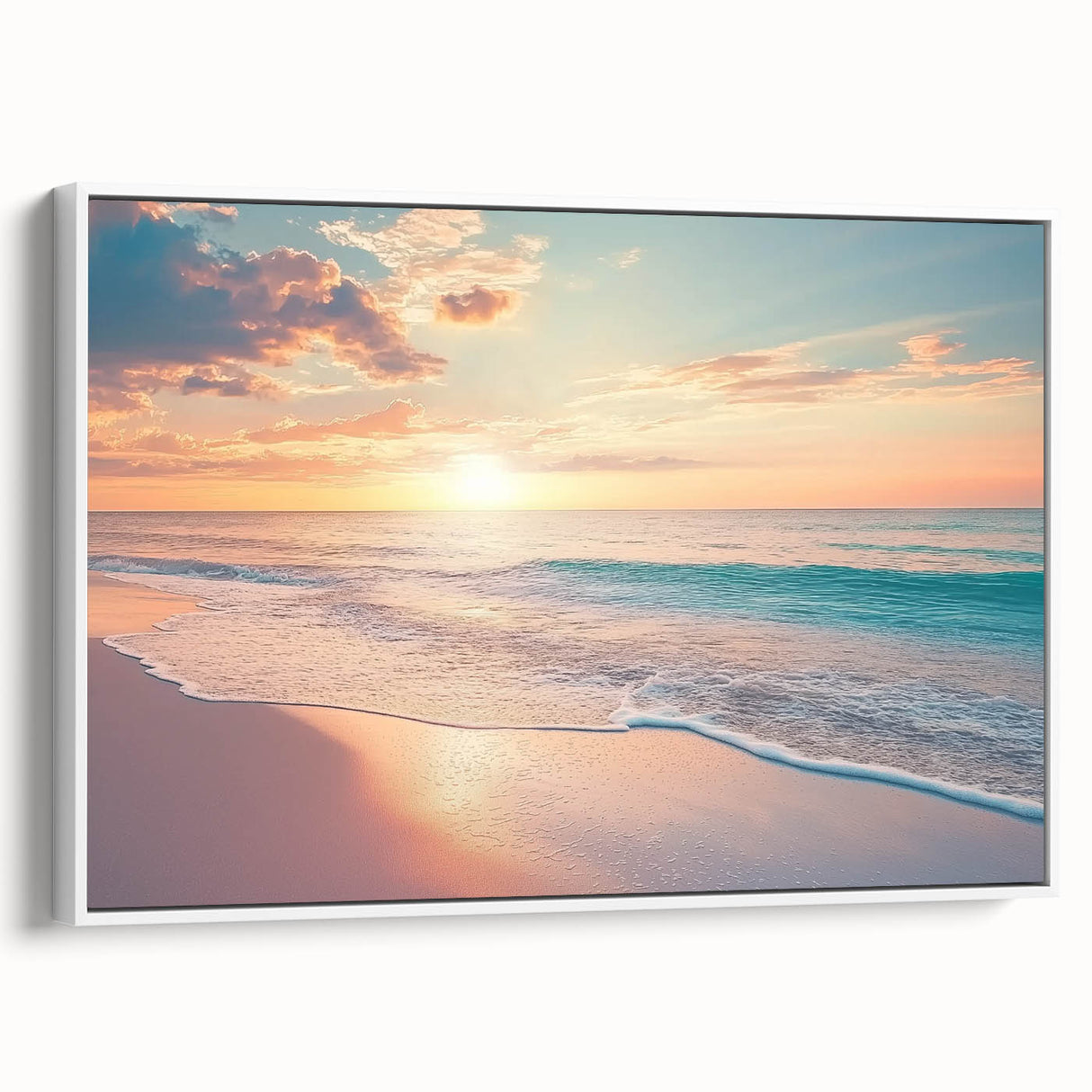 Framed canvas artwork depicting a serene beach landscape with vibrant colors, showcasing white frame and side view, perfect for coastal home decor.