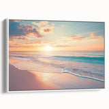 Framed canvas artwork depicting a serene beach landscape with vibrant colors, showcasing white frame and side view, perfect for coastal home decor.