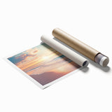 Vibrant landscape beach print showcasing vivid blue skies and golden sands, rolled for easy shipping in a protective cardboard tube, perfect for home decor.