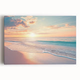 Stretched canvas artwork depicting a serene beach landscape with vibrant blue skies and gentle waves, perfect for coastal-themed home decor and relaxation.