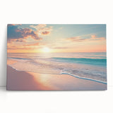 Stretched canvas artwork depicting a serene beach landscape with soft waves and a vibrant sunset, perfect for coastal-themed home decor or beach lovers.
