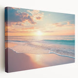 Stretched canvas artwork showcasing a vibrant landscape of tropical beaches, with rich blue ocean hues and golden sandy shores, ideal for home decor. This artistic piece enhances any room's ambiance with its serene coastal scene, perfect for beach lovers and art enthusiasts alike.