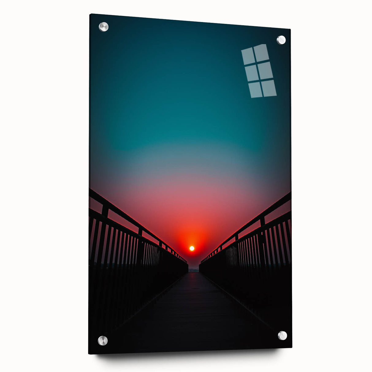 Acrylic glass landscape bridge design showcasing a side view with visible pins, highlighting intricate details and vibrant colors, ideal for modern decor.