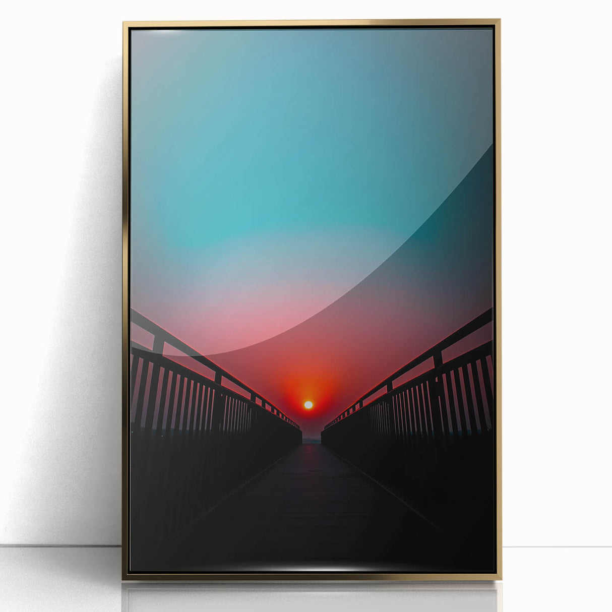 Framed acrylic artwork showcasing a stunning landscape bridge design in gold tones, perfect for modern home decor or office aesthetics, with an elegant front view display.