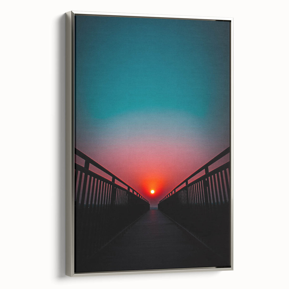 Framed canvas artwork showcasing a serene landscape bridge scene with silver accents, perfect for adding elegance to modern home decor.
