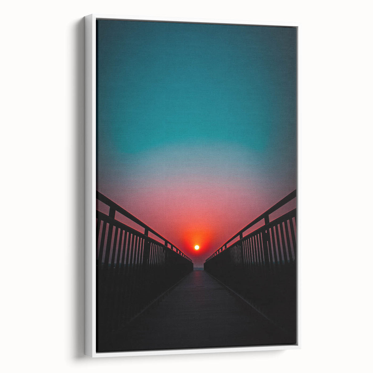 Framed canvas art depicting a scenic landscape of a bridge surrounded by lush greenery, showcasing detailed textures and vibrant colors, perfect for home decor.