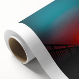 Rolled canvas showcasing a vibrant landscape bridge design, featuring rich colors and intricate details, packaged securely in a protective cardboard tube.
