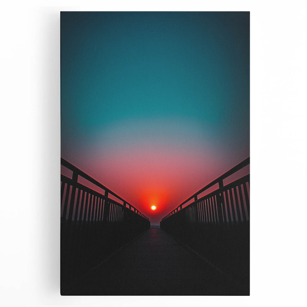Landscape view of a stunning stretched canvas artwork depicting a serene bridge scene, featuring vibrant colors and intricate details, perfect for home decor.
