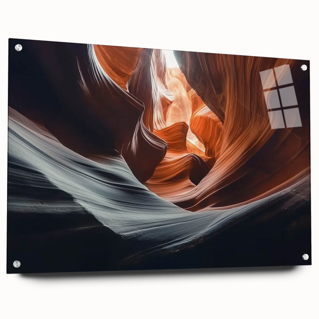 Acrylic glass artwork showcasing a stunning landscape of canyons, featuring a side view with pins for easy hanging. Perfect for home decor and nature enthusiasts.