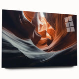 Acrylic glass artwork depicting a stunning landscape of canyons, showcasing vibrant colors and intricate details, viewed from the side without pins. Ideal for modern home decor.