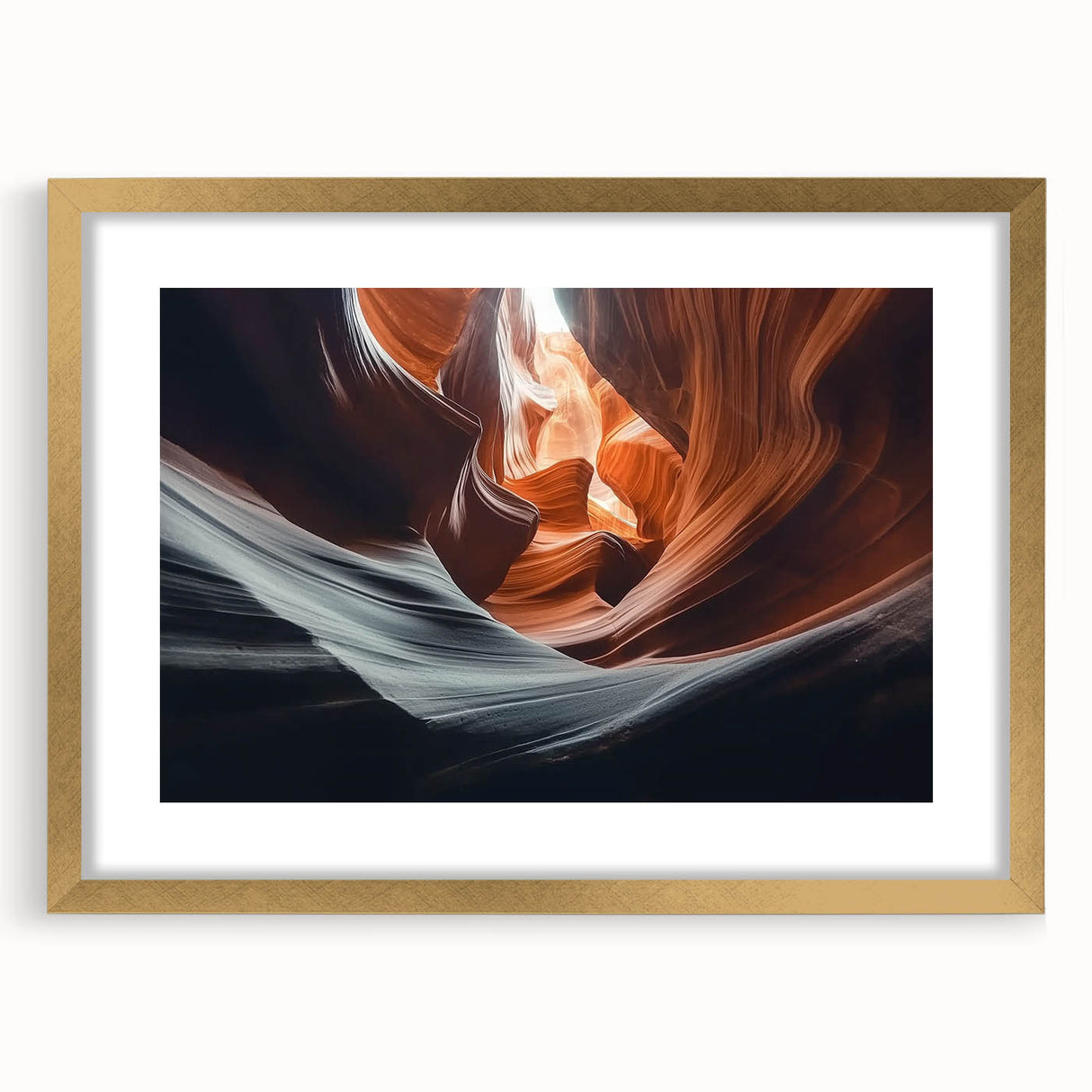 Framed landscape art print showcasing vibrant canyons in rich colors, featuring a gold mat and frame, perfect for enhancing home decor with natural beauty.