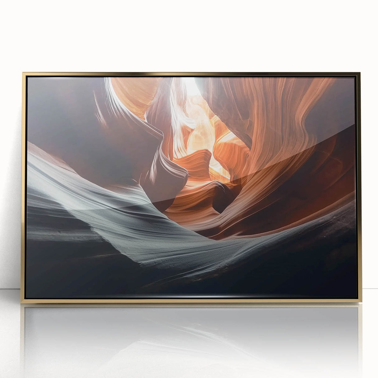 Framed acrylic artwork showcasing a stunning landscape of colorful canyons, featuring rich gold accents and a modern design, ideal for home decor.