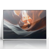 Framed acrylic wall art depicting a vibrant landscape of canyons, showcasing rich earthy tones and intricate details, perfect for home decor enthusiasts.