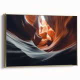 Framed canvas artwork depicting a stunning landscape of canyons, featuring rich gold accents and a side view that enhances its depth, perfect for home decor.
