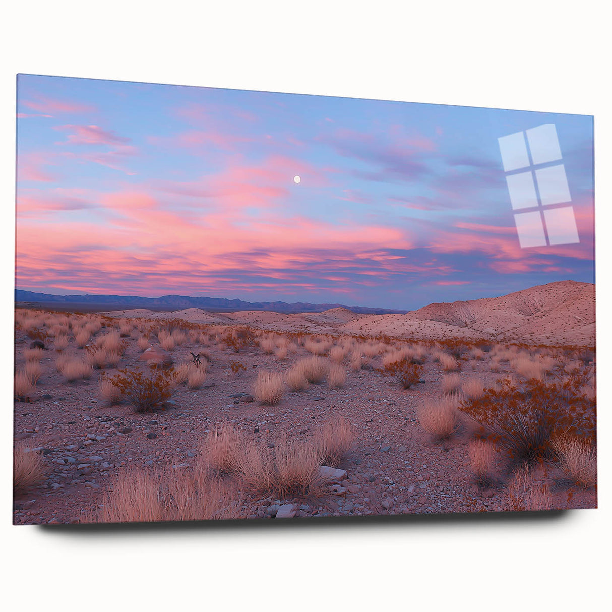 Desert landscape acrylic artwork displayed in a sleek glass frame, showcasing vibrant orange and yellow hues against a serene blue sky, ideal for modern decor.