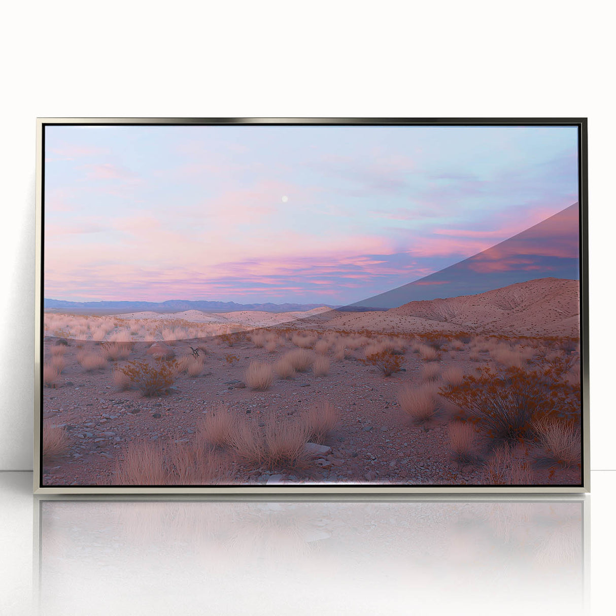 Framed acrylic artwork depicting a serene desert landscape with vibrant orange and gold hues, showcasing the sun setting over distant mountains. Ideal for modern home decor.