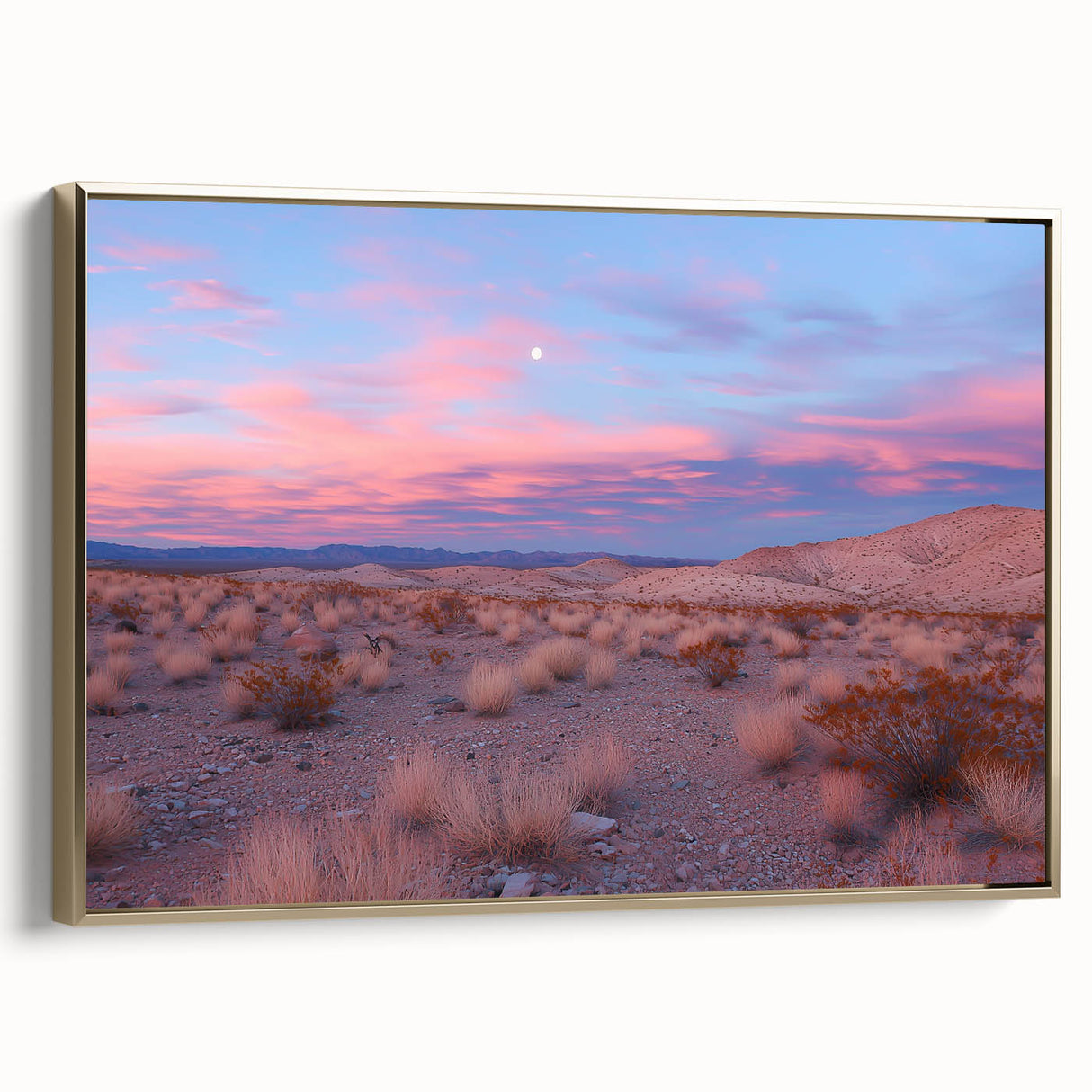Framed canvas artwork depicting a stunning desert landscape with golden hues, showcasing intricate details of sand dunes and a vibrant sunset, perfect for home decor.