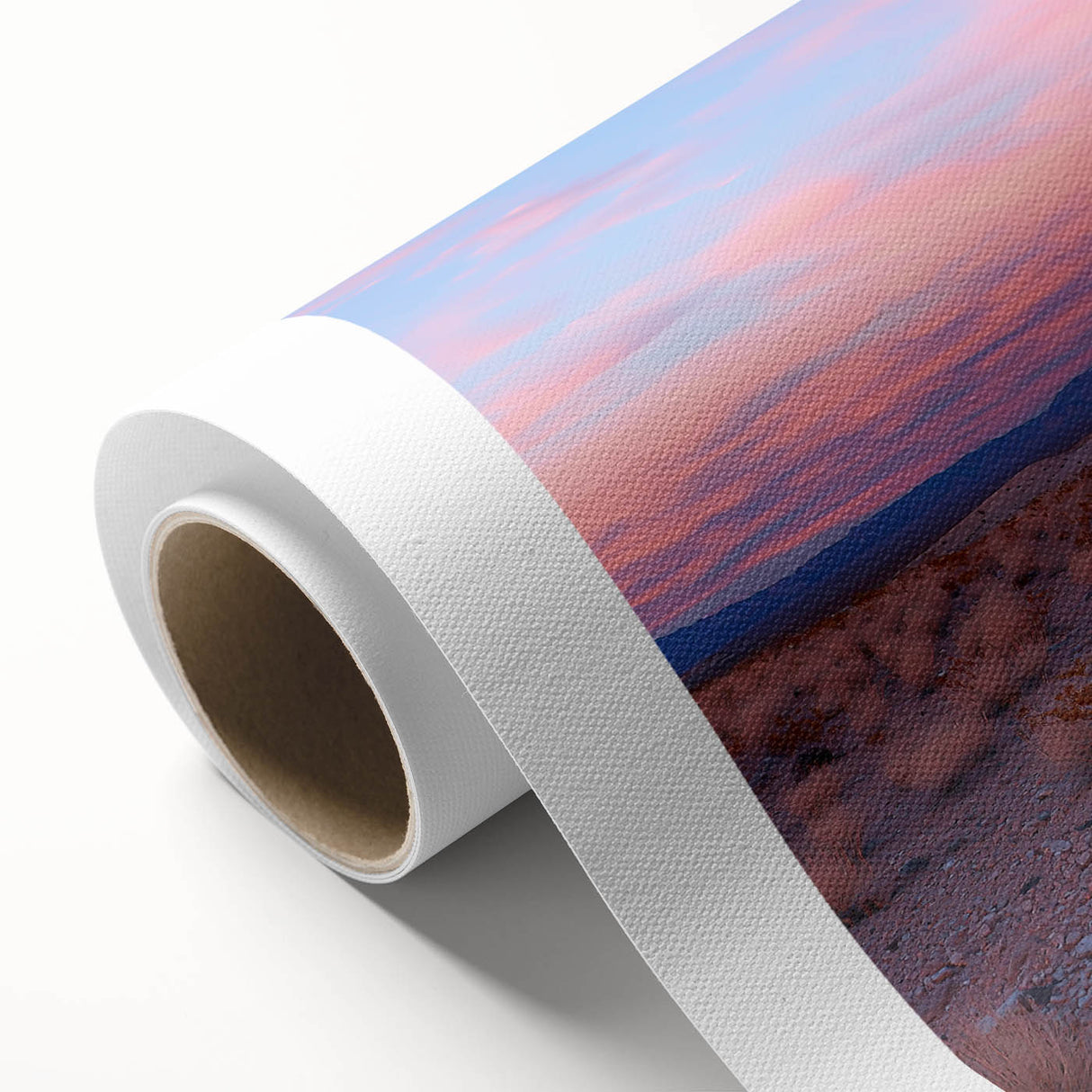 Desert landscape rolled canvas art showcasing vibrant hues of orange and gold, depicting a serene sunset over sand dunes, ideal for home décor.