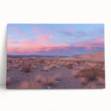 Desert landscape stretched canvas art depicting vibrant hues of orange and blue, showcasing a serene sunset over the sandy dunes, ideal for modern home decor.