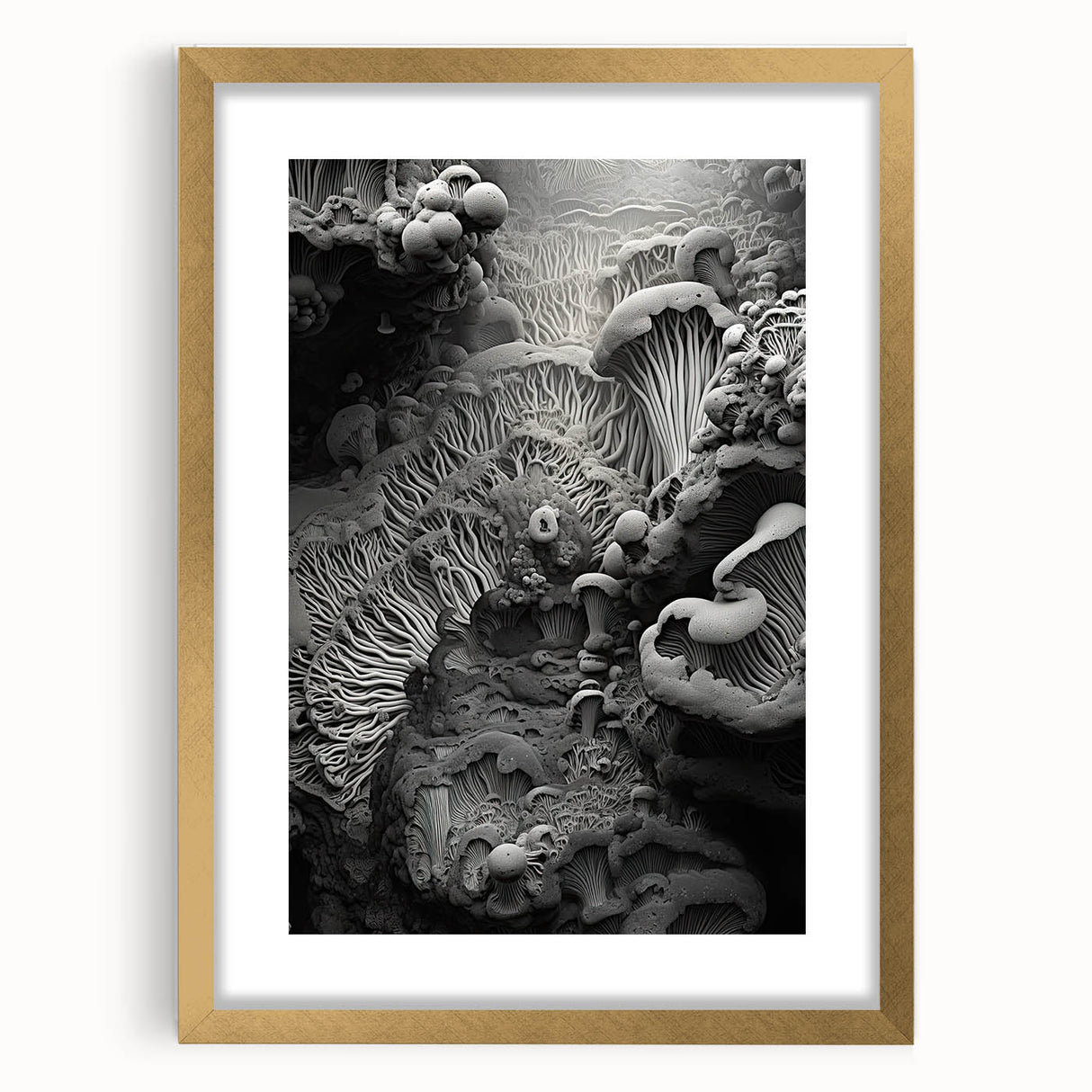 Extra large abstract art print featuring textured elements in muted earth tones, framed in gold, ideal for living room decor.