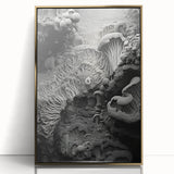 Large art print featuring abstract natural elements in gold and beige tones, framed in acrylic.