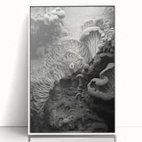 Art deco poster of natural close-ups, in muted earth tones on white acrylic frame, ideal for nursery wall decor.