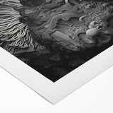 Art deco poster featuring geometric patterns in muted gold and black tones on rolled canvas.