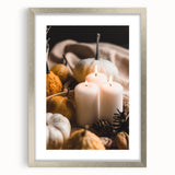 Textured abstract art print in warm autumn hues on a silver-framed canvas, suitable for bedroom decor.