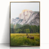 Large art print of a mid-century modernist spring scene in pastel colors on framed acrylic, ideal for nursery wall art.