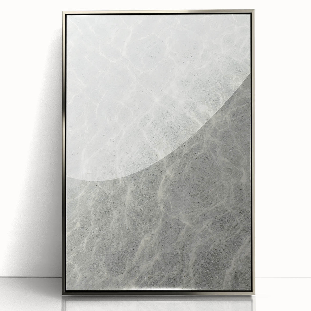 Mid-century modernist art featuring abstract summer motifs in vibrant colors on a silver-framed acrylic print.