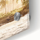 Large abstract wall art in vibrant orange and yellow tones on acrylic glass, ideal for dining room decor.