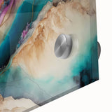 Close-up of abstract strokes wall art on acrylic glass, showcasing vibrant colors like blue, orange, and yellow, ideal for modern home decor.