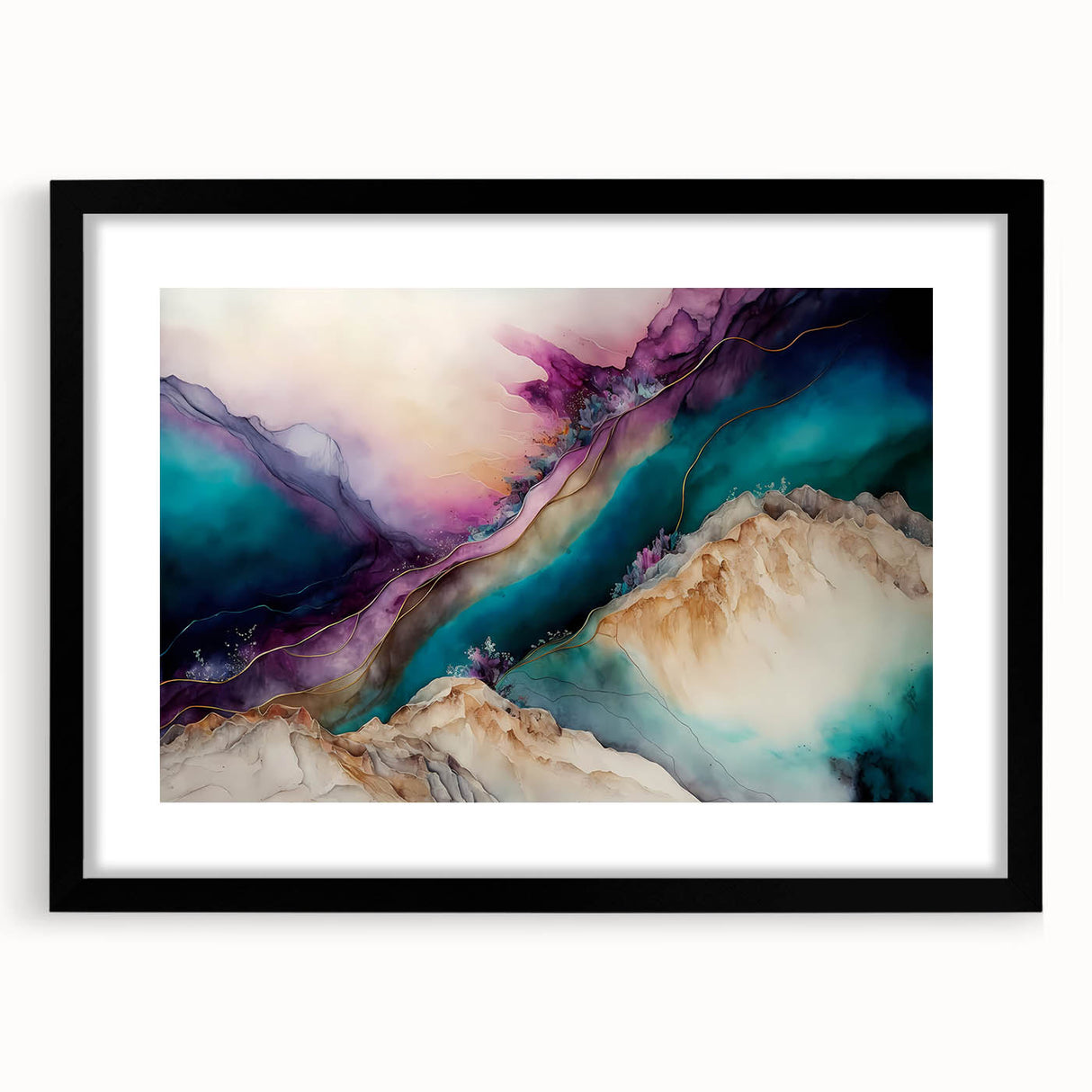 Abstract wall art featuring dynamic strokes in black and gold, framed with a sleek black mat. Ideal for modern home decor, adding a touch of elegance and style.