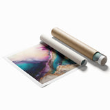 Abstract wall art print showcasing vibrant strokes in shades of blue, pink, and yellow, designed to add a modern touch to any interior space. Perfect for contemporary home decor, this rolled canvas print is ideal for framing or displaying as is.