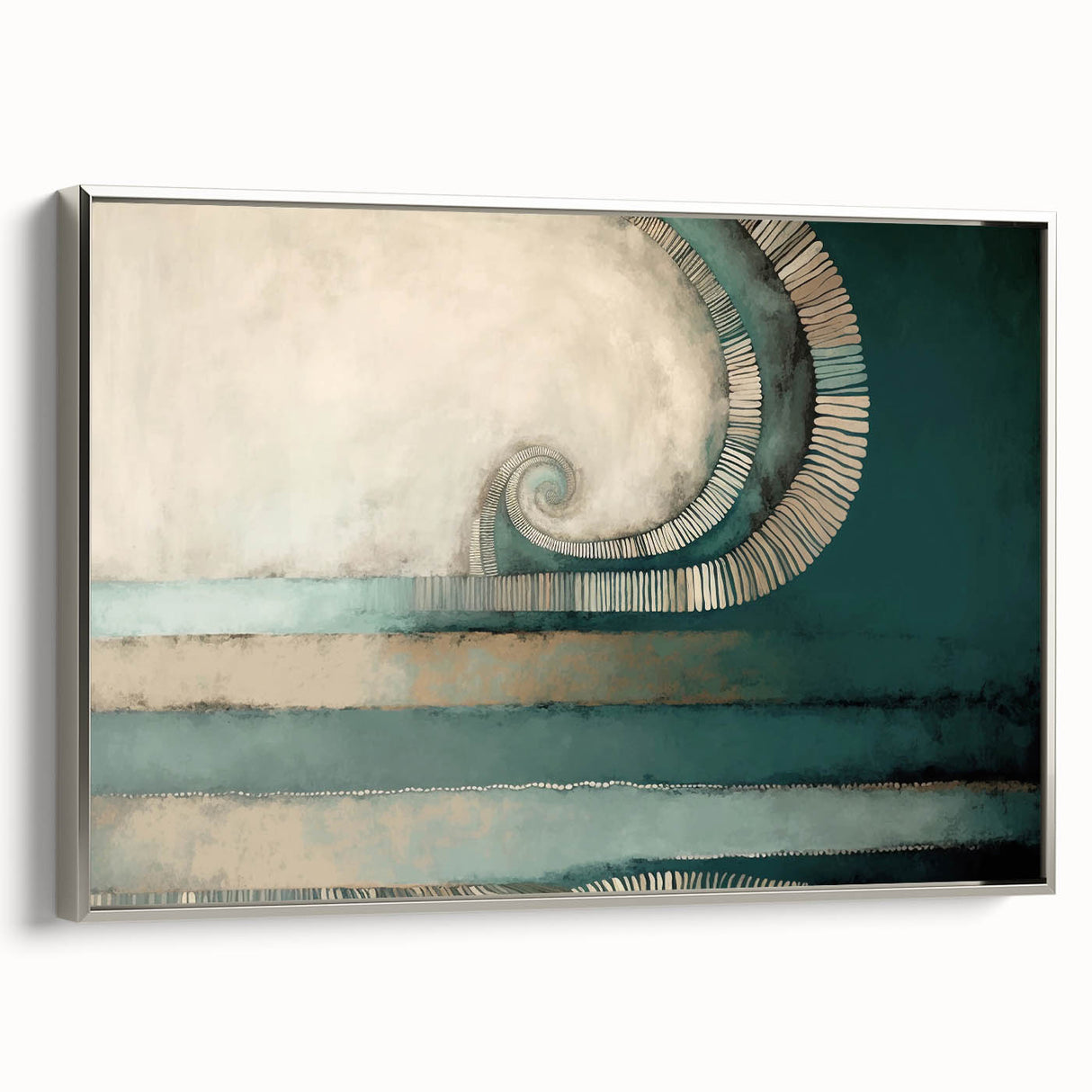 Framed abstract wall art featuring dynamic silver strokes on a textured canvas, displayed from a side view, perfect for modern interior decor.
