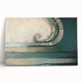 Abstract wall art featuring colorful strokes in shades of blue, pink, and gold, printed on stretched canvas, leaning against a neutral wall, ideal for modern decor.