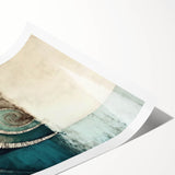 Abstract wall art print featuring vibrant strokes in shades of blue, pink, and gold, rolled and ready for display, ideal for modern home decor.