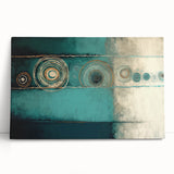 Abstract wall art design featuring colorful strokes on a stretched canvas, elegantly leaning against a neutral wall, perfect for modern home decor.
