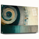 Abstract wall art design featuring colorful strokes on acrylic glass, displayed from a side view with visible mounting pins, ideal for modern decor.