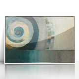 Framed abstract wall art featuring dynamic strokes in blue, orange, and white colors, perfect for modern home decor, displayed against a neutral background.