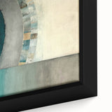 Close-up of a framed canvas wall art piece showcasing abstract strokes in vibrant colors of blue, gold, and white, ideal for modern home decor.