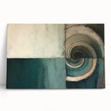 Abstract wall art featuring vibrant strokes in shades of blue, pink, and gold on a stretched canvas, leaning against a neutral wall, perfect for modern decor.
