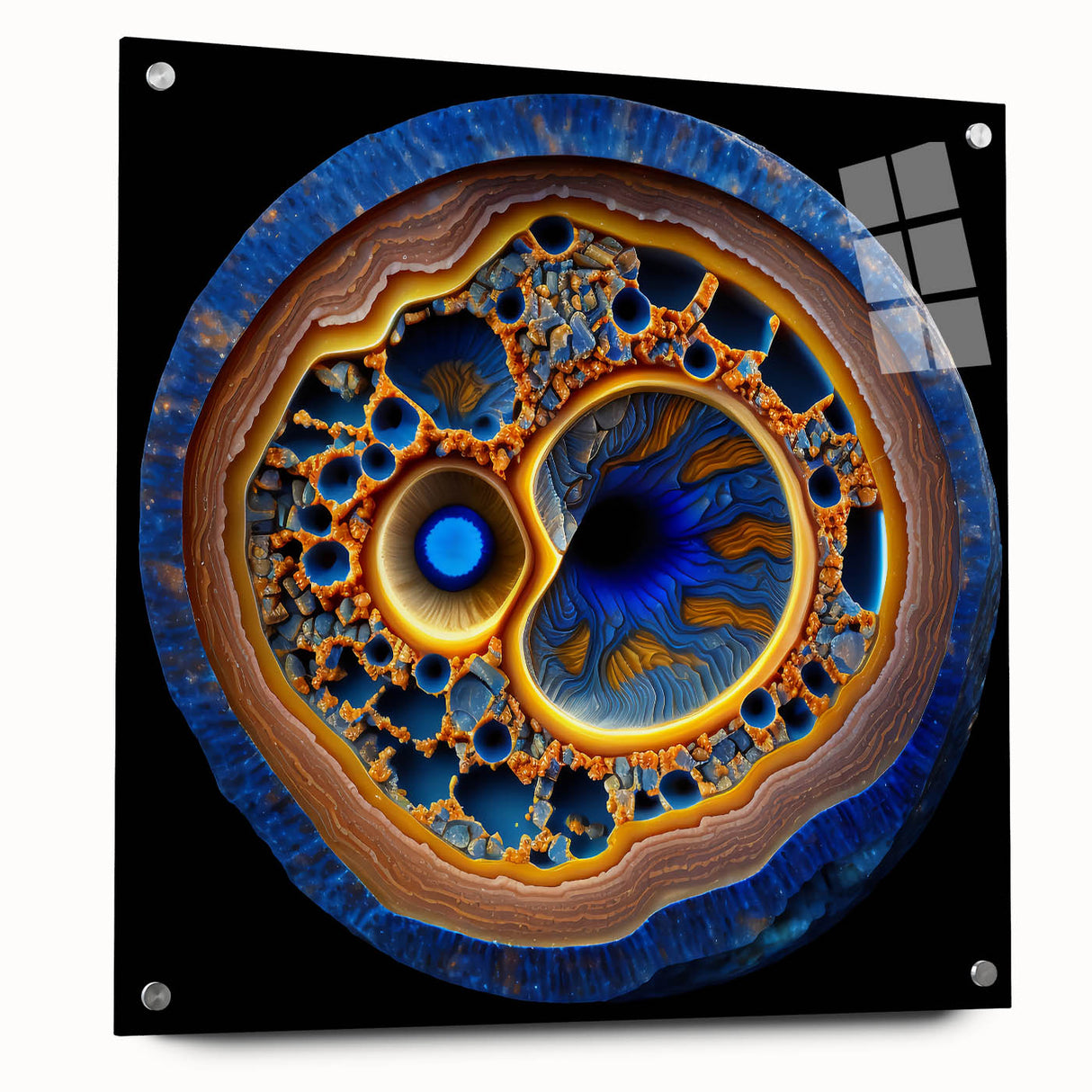 Abstract wall art design featuring vibrant strokes in hues of blue, pink, and gold, displayed in an acrylic frame with pins, perfect for modern home decor.