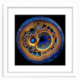 Abstract wall art featuring dynamic strokes of blue, green, and gold, framed with a white mat, ideal for modern home decor. Perfect for adding a touch of elegance and creativity to living spaces.