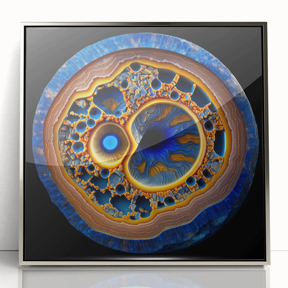 Framed abstract wall art featuring dynamic silver strokes on a textured background, ideal for modern decor, adding elegance to any room setting.